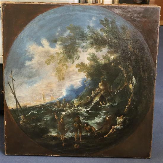 Follower of Alessandro Magnasco (1667-1749) Figures in stormy landscapes 29 x 29in., unframed